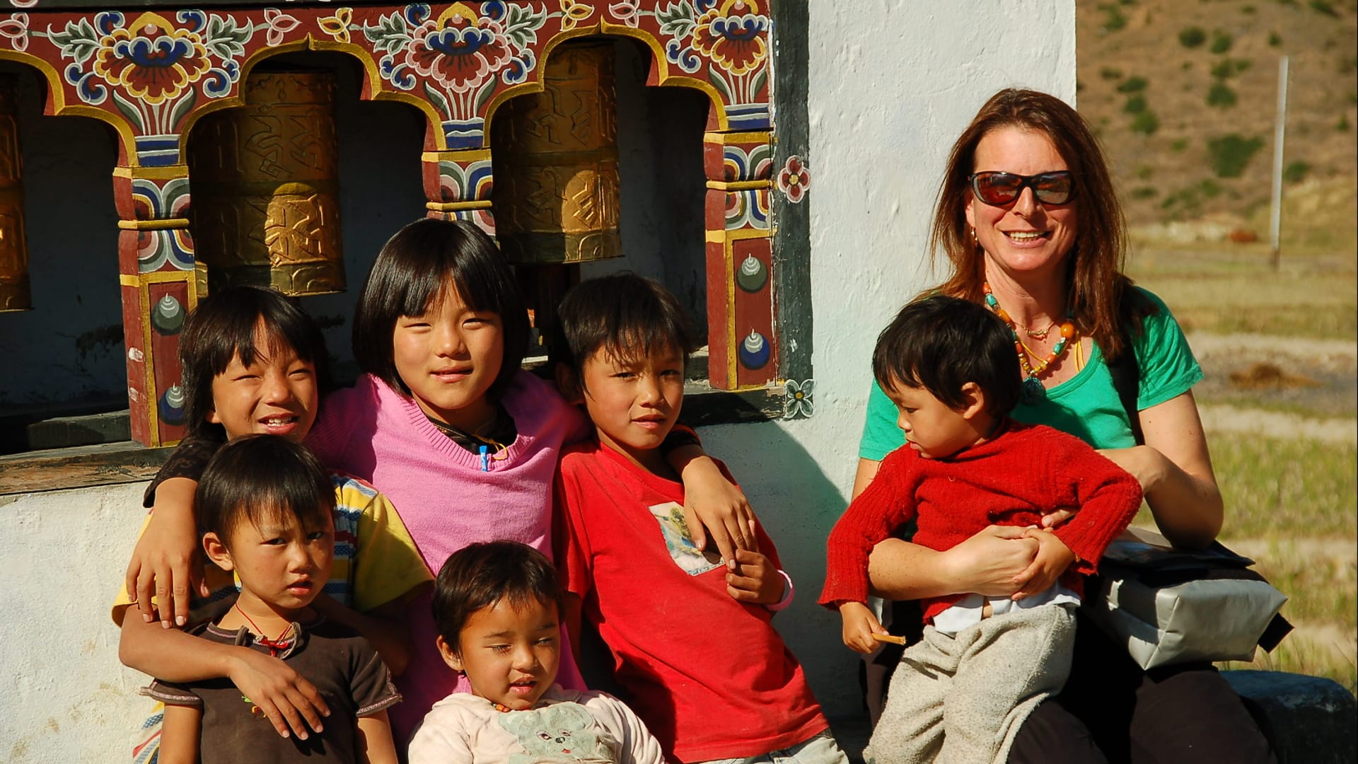 Patricia in Bhutan with children